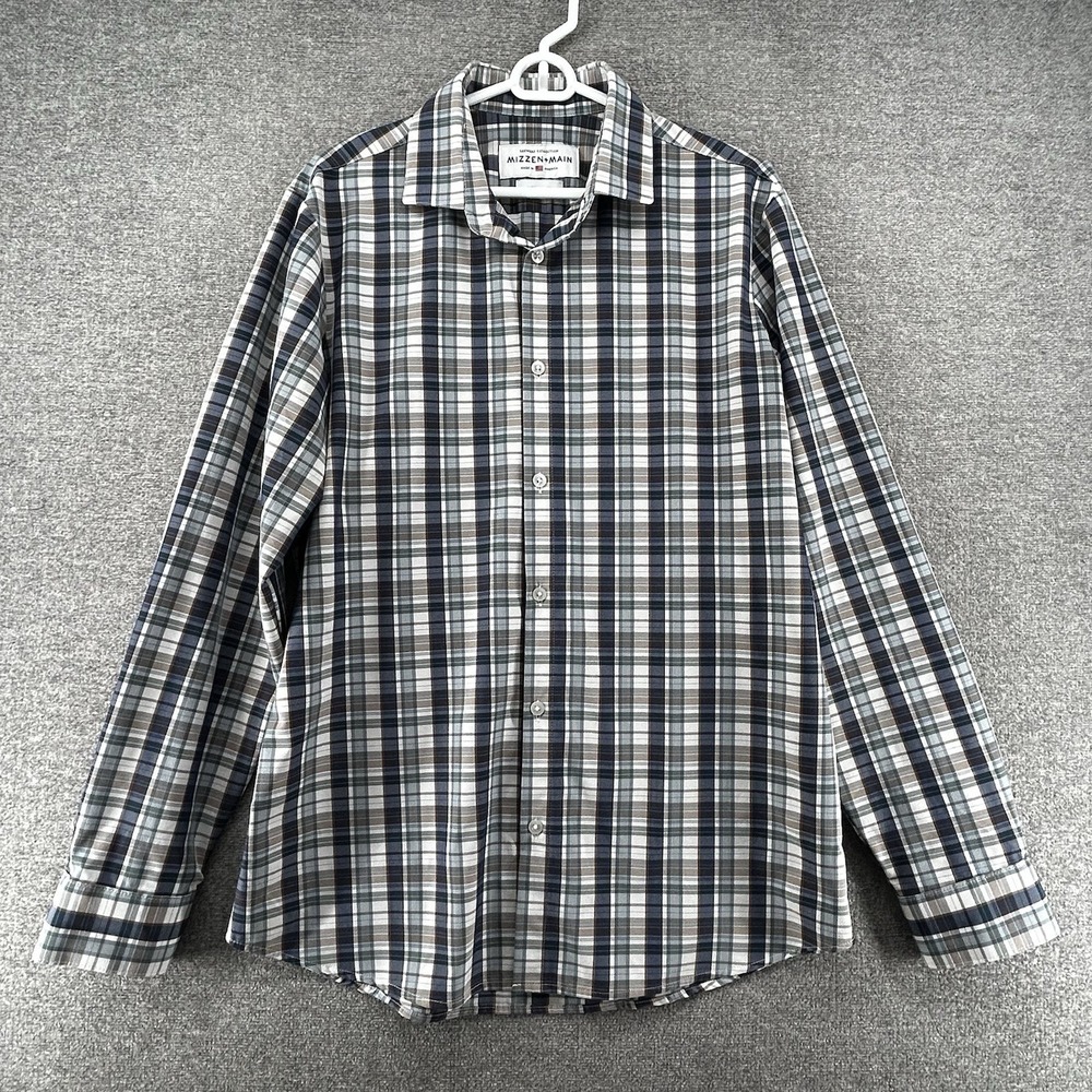 Mizzen + Main Trim Fit Performance Shirt Men Size Large Plaid Long Sleeve